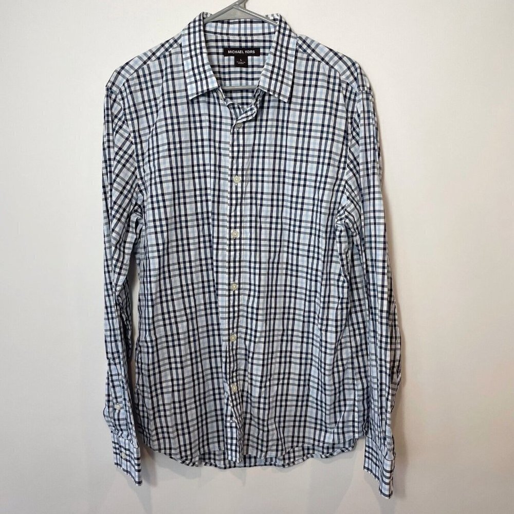 Michael Kors‎ Long Sleeve Plaid Button Up Shirt Mens Size L Blue Collared Cotton
